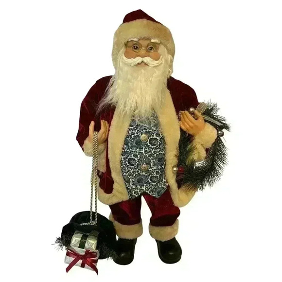 24 Inch Standing Fancy Santa Claus With Blue Paisley Vest Holding Gift & Wreath - Picture 2 of 14